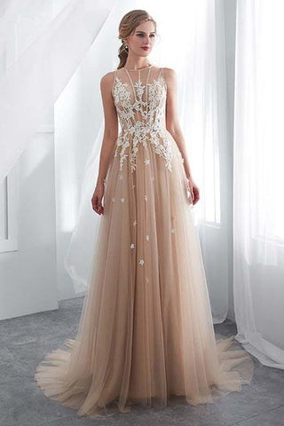 Elegant Tulle Sleeveless Prom Dresses Long Lace Appliques High Neck Evening Gowns PW508