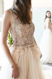 Elegant Tulle V Neck Beaded Rhinestones A-line Prom Gowns Slit Long Prom Dresses JS530