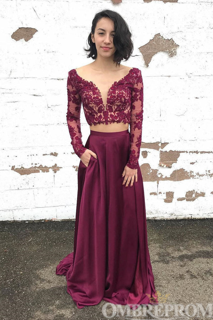 Elegant Two Piece Party Dresses Long Sleeves V Neck Prom Dresses