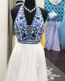 Elegant V Neck Halter White and Blue Embroidery Long Prom Dress with Slit Formal Dress JS926