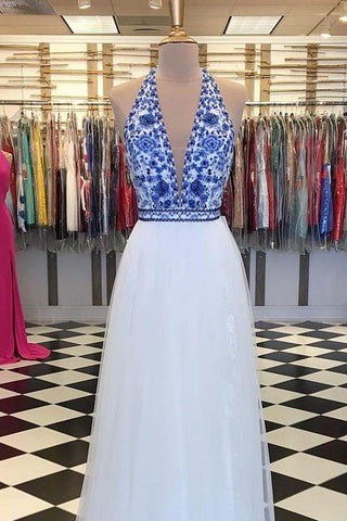Elegant V Neck Halter White and Blue Embroidery Long Prom Dress with Slit Formal Dress JS926