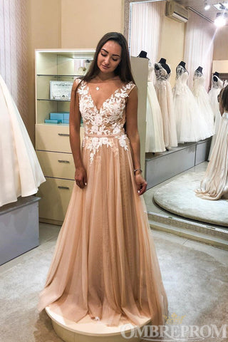Elegant V Neck Sleeveless Long Lace Prom Dresses