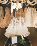 Elegant White Lace Long Prom Dresses Floral Print Backless V Neck Evening Dresses JS622