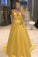 Elegant Yellow Spaghetti Straps A Line Satin V Neck Prom Dresses With Beads Pockets