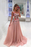 Embroidery Appliques Long A line Pink Prom Dresses Tulle Cheap Formal Dresses PW511