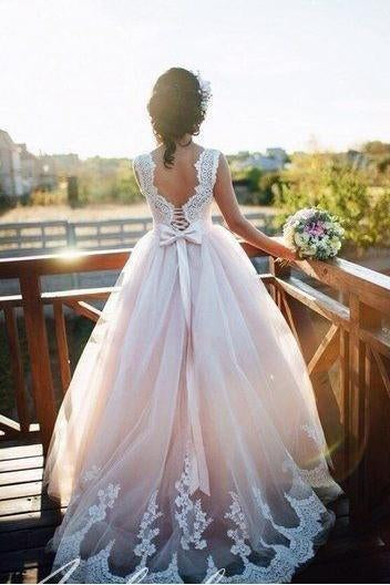 A Line Nude Tulle Pink Lace Appliqued Ball Gown Lace up Beach Wedding Dresses JS918