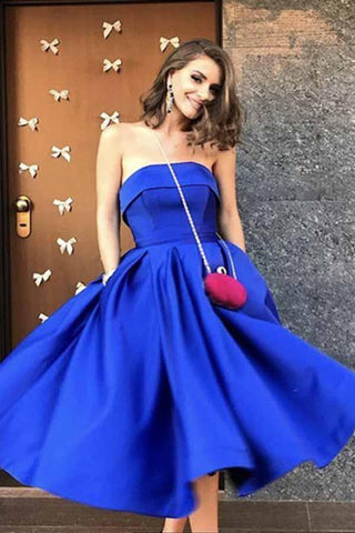 Royal Blue Satin Strapless Ball Gowns Tea Length Short Prom Dress Homecoming Dresses JS09