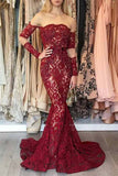 Mermaid Long Sleeves Dark Red Off the Shoulder Lace Prom Dresses with Train JS367