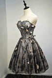 A Line Black Sweetheart Strapless with Flowers Tulle Short School Dress Homecoming Dress JS886