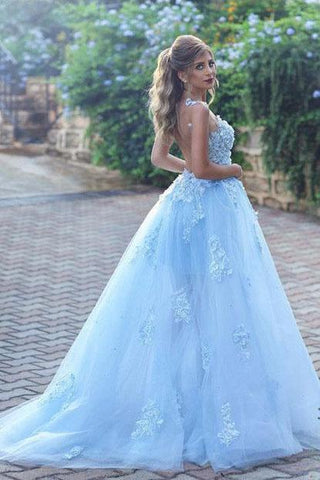 Light Blue Lace Appliques Ball Gown Tulle Prom Dresses UK Princess Wedding Dresses UK JS332