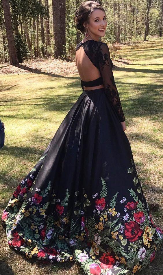 Two Piece Lace Floral Print Black Sexy Open Back Long Sleeve High Neck Prom Dresses