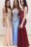 Mermaid Sexy Long Cheap Sweetheart Strapless Beads Tulle See Through Prom Dresses JS173