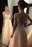 V-Neck Prom Dresses With Appliques Beaded Long A-line Tulle Prom Dresses JS101