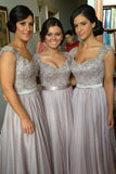 Hot V-Neck Chiffon Tulle Appliques Lace Cap Straps Sleeveless Beads Bridesmaid Dress JS697