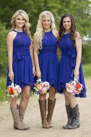 Short A Line Halter Chiffon Blue Bridesmaid Dresses Cheap Prom Dresses JS805