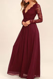 Long Sleeves V-Neck Lace Chiffon Open Back Floor-Length A-Line Burgundy Bridesmaid Dress JS168