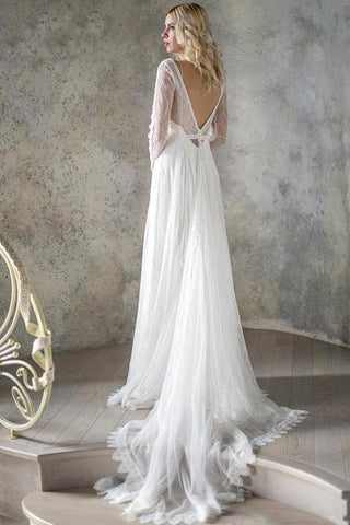 Elegant A Line V Neck Long Sleeve Ivory Lace Backless Beach Boho Wedding Dresses JS872