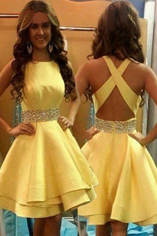 Elegant Jewel Above-knee Criss-Cross Straps Satin Yellow Homecoming Dresses with Beads JS79