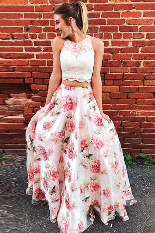 Two Piece High Neck Floral Long Lace A Line Sleeveless Graduation Prom Dresses UK JS571