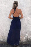 Simple A-Line Halter Floor Length Backless Navy Blue Chiffon Prom Dresses JS609