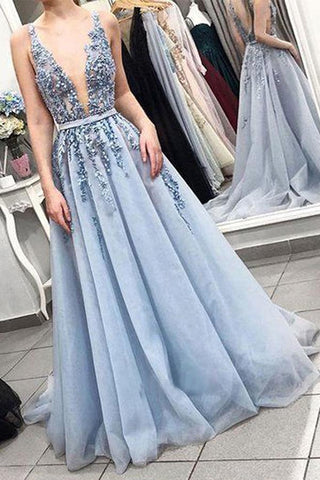 Delicate Sleeveless V Neck Backless Light Blue with Lace Appliques Long Prom Dresses JS268
