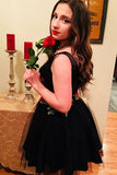 Flare Little Black Floral Homecoming Dress V Neck with Flowers Short Prom Dresses H1256