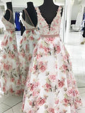 Floral Print A line V Neck Lace Appliques Prom Dresses V Back Straps Formal Dresses JS704