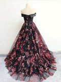 Floral Print Black Off the Shoulder Lace Appliques Prom Dresses with Lace up JS695
