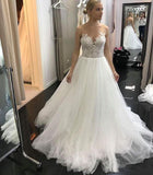 Flossy A Line Sleeveless Lace Ivory Tulle Wedding Dresses Bridal Gown with Appliques JS341