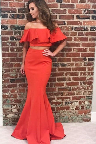 Flounced Off the Shoulder Satin Prom Dresses Two Piece Mermaid Long Formal Dress JS490