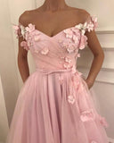 Flowers Beaded V Neck Off the Shoulder Prom Dresses Long Tulle Evening Gowns JS745