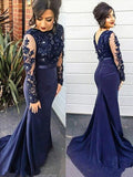 Mermaid Lace Scoop Navy Blue Beads High Neck Long Sleeve Plus Size Prom Dresses JS161