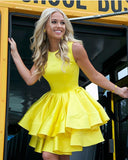 Cute A Line Round Neck Yellow Open Back Satin Sleeveless Short Homecoming Dresses JS949