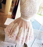 Cute Tulle Lace Round Neck Lace Appliques Two Pieces Short Homecoming Dresses JS952