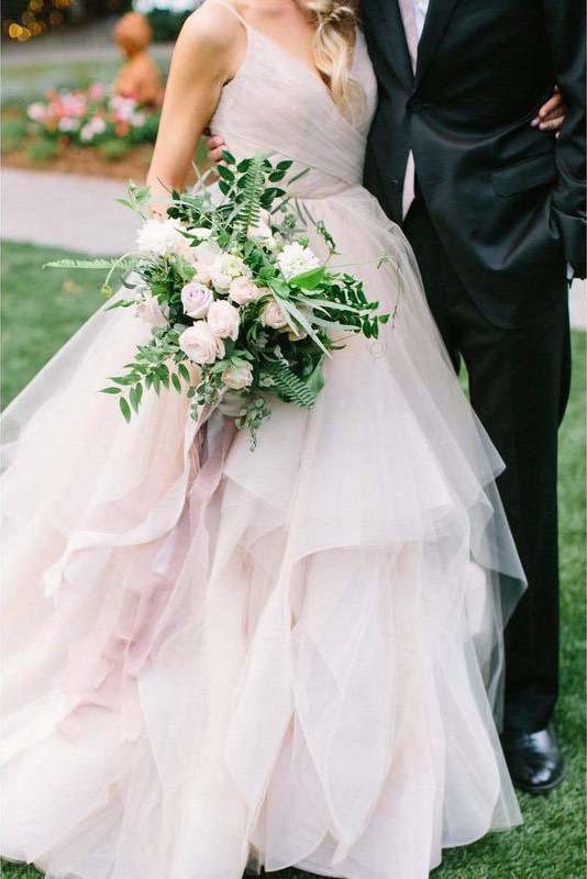 Ball Gown Spaghetti Straps V Neck Backless Asymmetrical Pink Long Wedding Dresses JS197