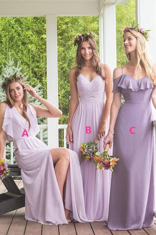 Elegant A Line Maxi Chiffon Long Mismatched Modest Purple Bridesmaid Dresses JS283