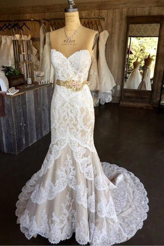 Princess Mermaid Strapless Sweetheart Lace Appliques with Flowers Wedding Dresses JS998