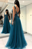A Line Green V Neck Tulle Open Back Lace Beads Sleeveless Evening Prom Dresses JS769