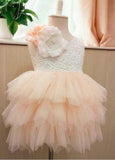 Princess Cute Pink Lace Tulle Flower Girl Dresses Layered Open Back Lovely Tutu Dresses JS776