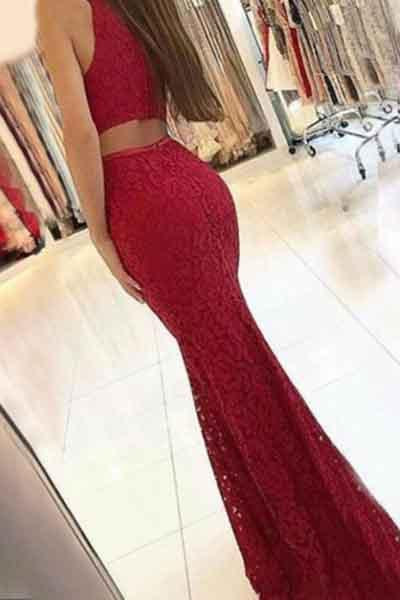 Charming New Arrival Mermaid Round Neck Dark Red Lace Prom Dresses UK JS385