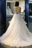 Elegant White A-Line Scoop Neck Tulle Backless Sleeveless Appliques Wedding Dress JS403