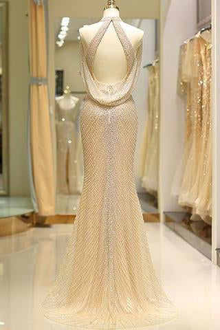Buy Mermaid High Neck Floor Length Split Gold Prom Dresses with Sequins ...