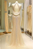 Mermaid High Neck Floor Length Split Gold Prom Dresses with Sequins Beading JS79