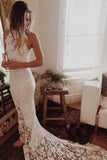 Simple Sleeveless Long Ivory Lace Halter Mermaid Sleeveless Wedding Dresses UK JS338