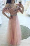 High Fashion A-Line V-Neck Off Shoulder Blush Pink Long Tulle Prom Dresses with Beads JS675
