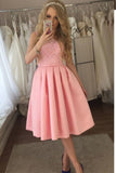 Charming Lace A-line Cute Satin Pink Tea Length Appliques Homecoming Dresses JS861
