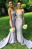 Elegant Long Mermaid Light Grey Sweetheart Appliques Beaded Sleeveless Bridesmaid Dress JS582