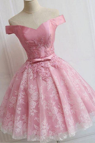 Off the Shoulder Lace up Lace Applique Dusty Rose Short Prom Dress Homecoming Dresses JS759
