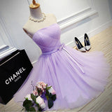 Elegant A-Line Strapless Purple Tulle Short Homecoming Dress with Bowknot JS96