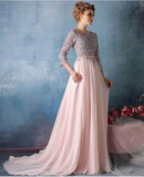 Scoop A-line Pink Chiffon with Silver Lace Appliqued Long 3/4 Sleeves Prom Dresses JS311
